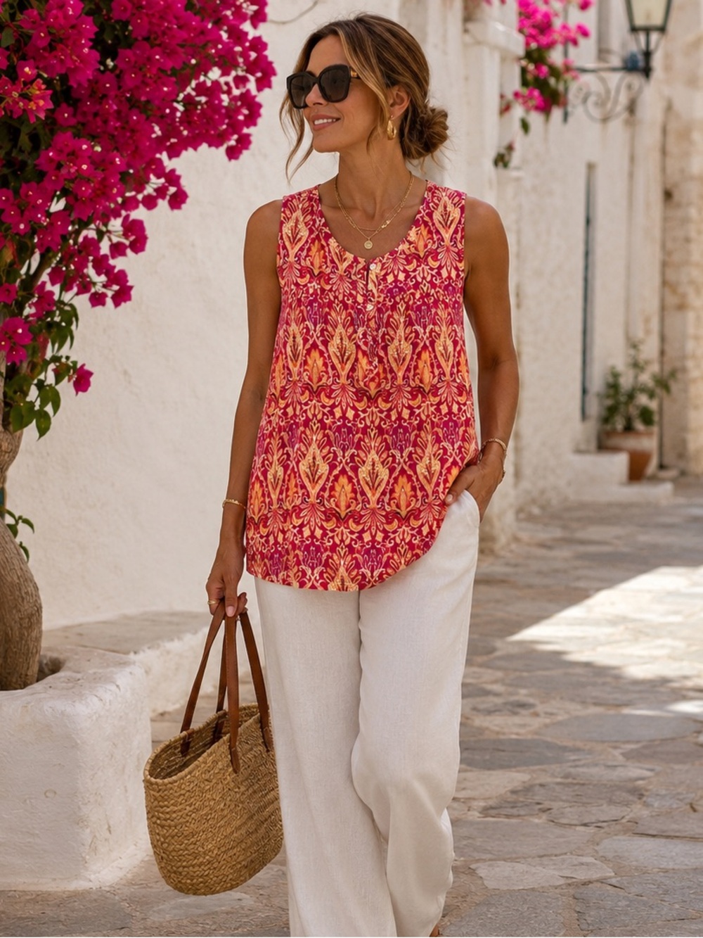 LOFT Sleeveless Boho Paisley Print Tank Top Size Medium Pink Orange Blouse